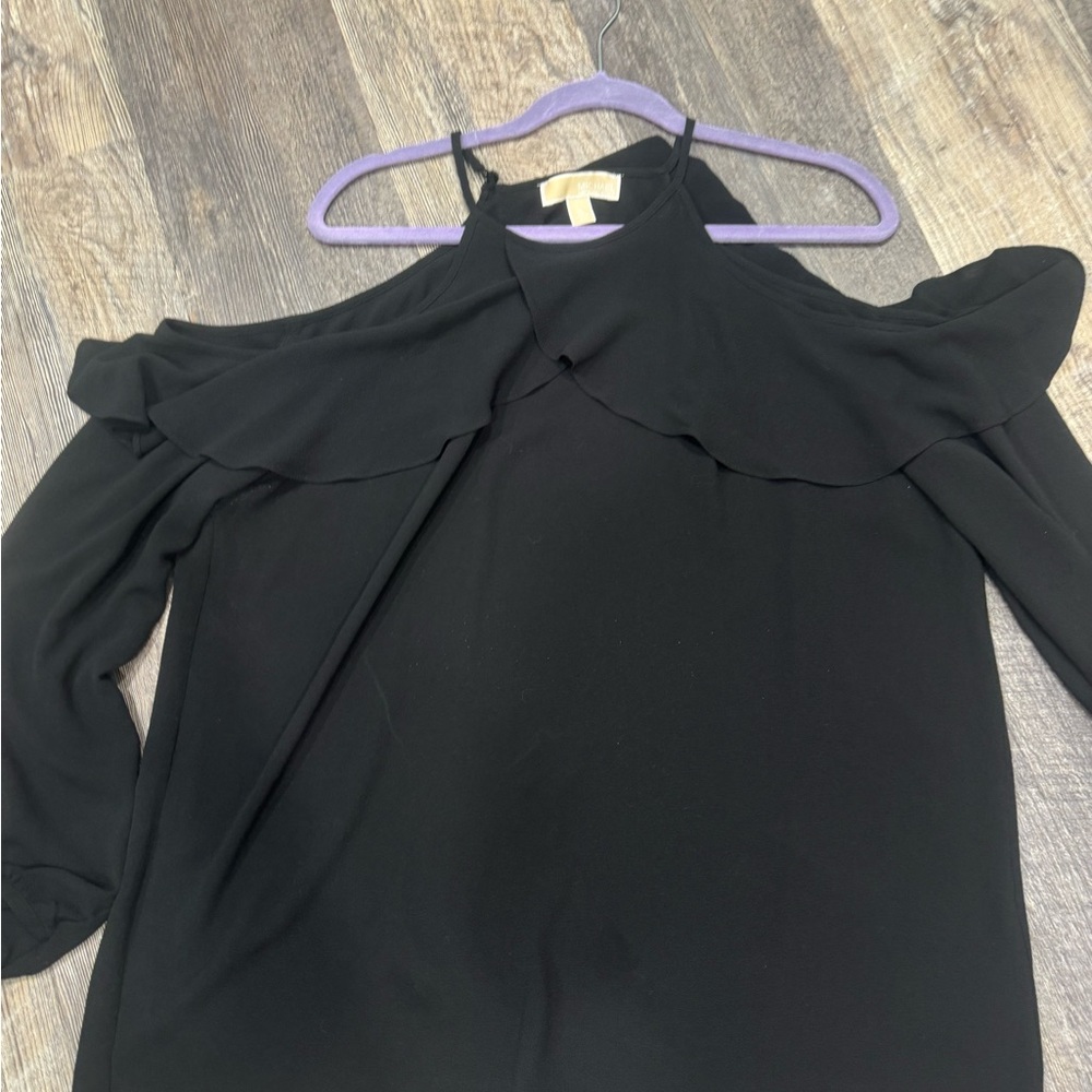 Michael Kors Black Cold-Shoulder Ruffle Halter Blouse